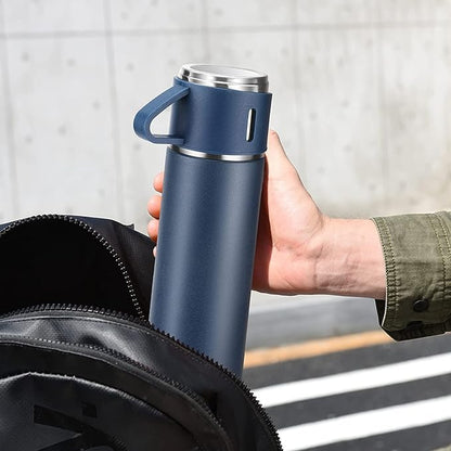 Vacuum Insulated Flask Set With 3 Cups- Satin-less Steel Thermos 500-ML Bottle Gift Pack - Hot & Cold